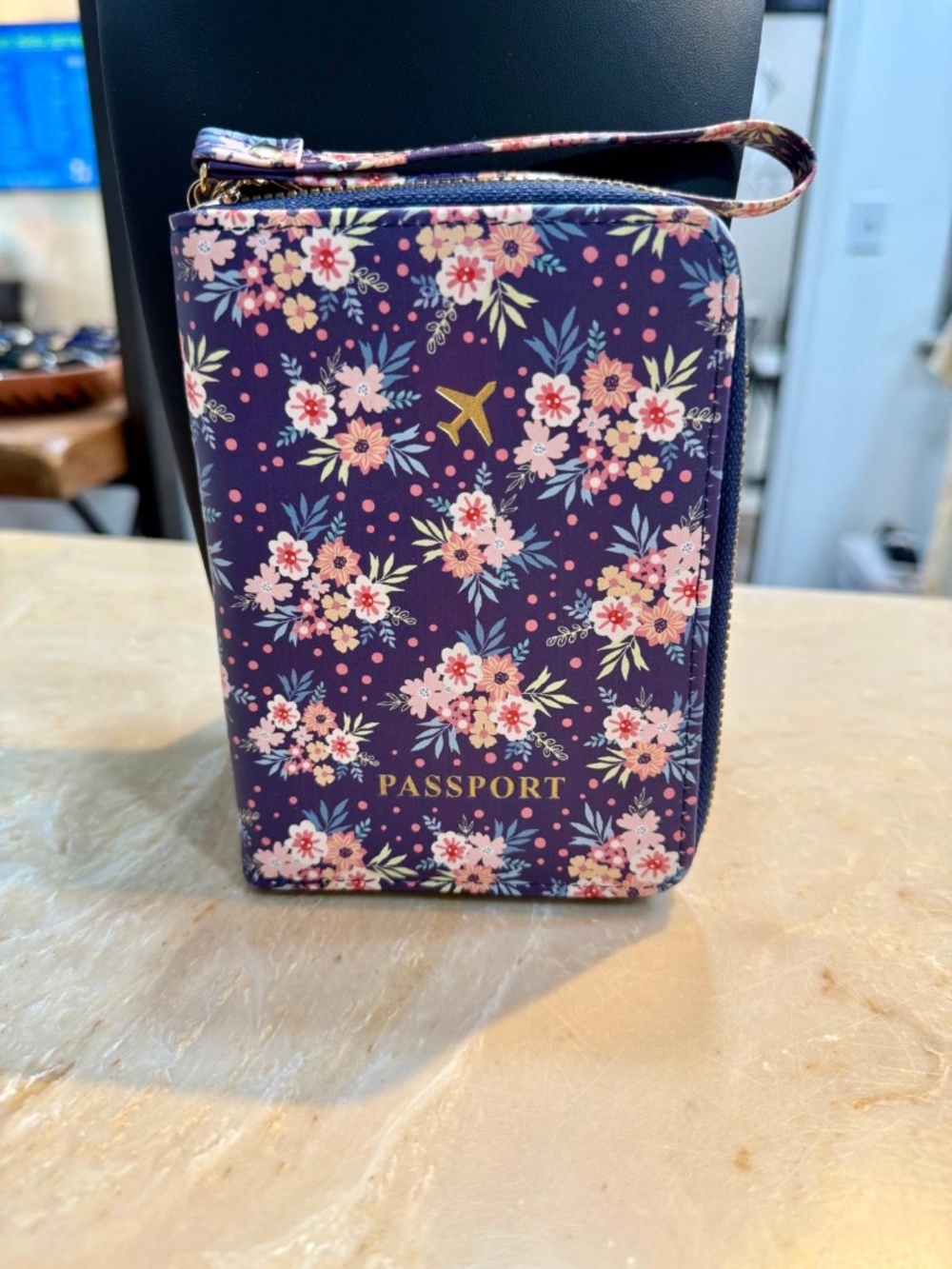 Floral Passport Holder Travel Wallet with Wristlet – Purple Multi-Color Zip Arou